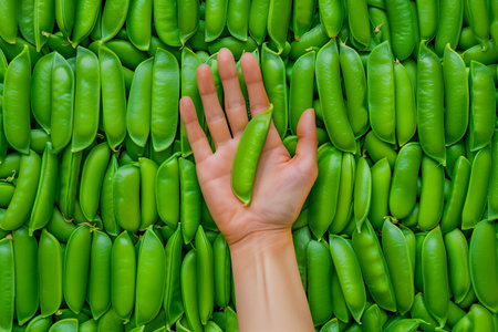 Human hand holding a fresh snap pea against a vibrant green background of stacked sugar snap peas, space for text, healthy eating conceptの素材