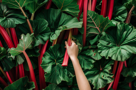 Hand selecting a stalk of vibrant red rhubarb amidst lush green leaves, concept for organic gardening or healthy food, with copyspace for textの素材