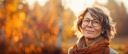 Smiling mature woman with glasses enjoying autumn ambiance, with blurred golden foliage background, space for text on leftの素材