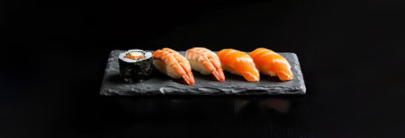 Assorted sushi and sashimi display on a black slate board with copyspace, ideal for Japanese cuisine themed design backgroundsの素材