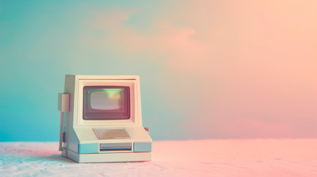 Vintage computer on pastel background with copyspace, capturing retro technology and nostalgia concept, ideal for tech related design backgroundsの素材