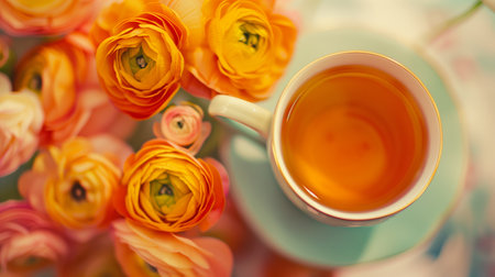 A cup of tea amidst a vibrant bouquet of ranunculus flowers with soft, pastel tones, ideal for Mothers Day promotions or spring themed backgrounds with copy spaceの素材