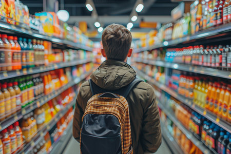 Young male consumer with a backpack exploring grocery store aisles, focused on shopping with blurred product shelves as a background, space for text on top and bottomの素材