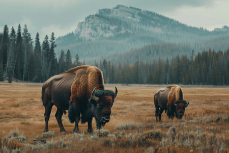 American bison grazing in a serene autumn meadow with forested mountains in the background, ideal for nature and wildlife themes with copy spaceの素材