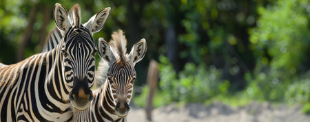 Two zebras facing forward with striking black and white stripes, set against a blurred natural green background, ideal for banners or text overlays about wildlife or natural habitatsの素材