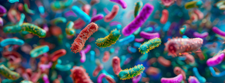 Vibrant 3D rendering of diverse bacteria and viruses in multiple colors on a blurred background, illustrating concepts in microbiology, healthcare, and scientific research, with ample space for textの素材