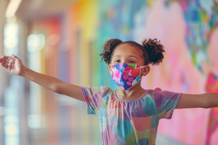 A cheerful young African American girl wearing a colorful mask and dress with open arms, embodying positivity during the pandemic, against a vibrant abstract background with copy spaceの素材