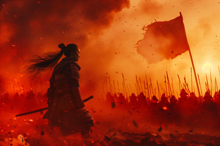Silhouetted warrior in traditional armor stands before an army and tattered flag amid a fiery battlefield, evoking historic Japanese samurai themes and dramatic war storytellingの素材