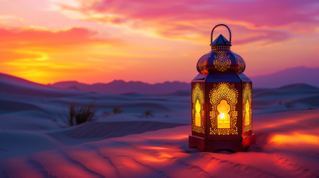 Traditional Arabic lantern on desert sand with a vibrant sunset sky in the background, concept for Ramadan or Eid celebration, with space for textの素材