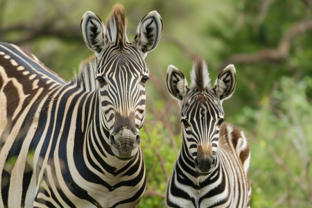Adult and juvenile zebras standing together in a natural green habitat, showcasing their distinctive black and white striped patterns, perfect for wildlife and conservation themesの素材