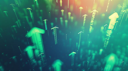 Abstract financial growth concept with upward trending arrows, depicting stock market success, suitable for digital wallpapers and economic presentations with copy spaceの素材