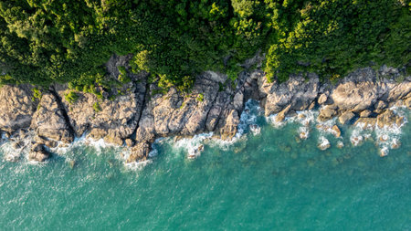 Aerial view of a rocky coastline with lush green forest meeting turquoise sea waters, ideal for...