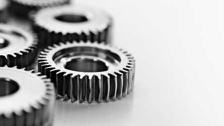 Close up of interlocking metal gears with a selective focus on a white background, symbolizing concepts of engineering, machinery, and teamwork in industrial designの素材