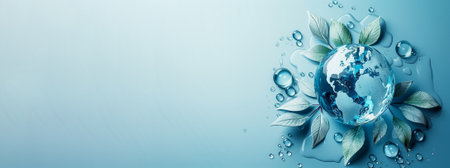 Ecology concept. Earth planet with leaves and water drops on blue backgroundの素材