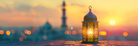 Illuminated traditional lantern on a table with a blurred sunset background over a cityscape, ideal for Ramadan holiday concept with copy spaceの素材