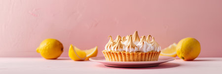 Lemon meringue pie on a pink plate with fresh lemon slices and whole lemons on a pastel pink background with copy space, perfect for dessert or bakery themesの素材