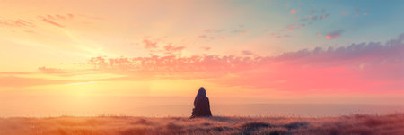 Solitary figure sitting contemplatively in a vast field with space for text against a vibrant sunrise or sunset, evoking peace, solitude, and reflectionの素材