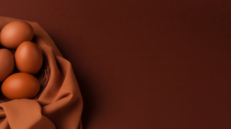 Brown eggs wrapped in a silky fabric inside a basket with ample copy space on a monochromatic brown background, ideal for culinary concepts or Easter holiday themesの素材