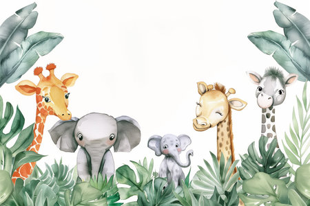 Watercolor safari animals in charming baby nursery setting, watercolor, white backgroundの素材