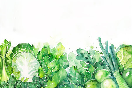 Watercolor painting showcasing various shades of green vegetables, watercolor, white backgroundの素材