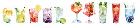 Watercolor illustrations of various cocktails and ingredients, isolated on white, watercolor, white backgroundの素材