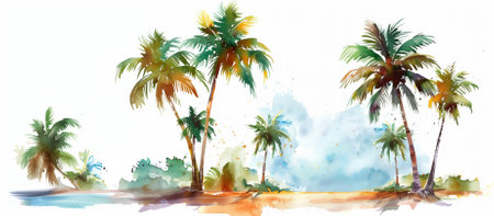 Watercolor illustration of tropical palm trees beachside, watercolor, white backgroundの素材