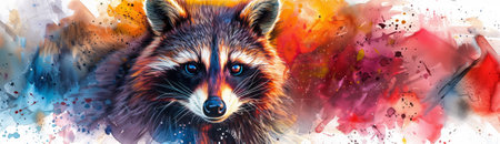 Watercolor illustration of a vibrant, colorful raccoon portrait, watercolor, white backgroundの素材