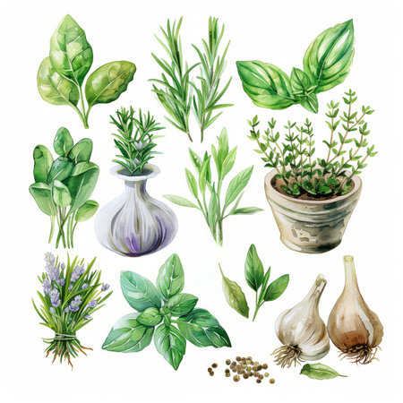 Beautiful watercolor herbal cuisine illustration on white background, watercolor, white backgroundの素材