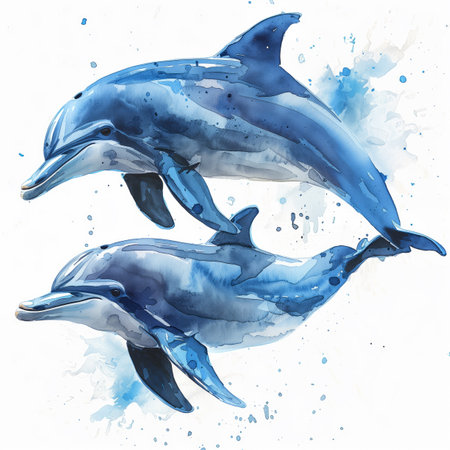 Artistic top view of two dolphins swimming underwater, watercolor, white backgroundの素材