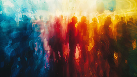 Abstract silhouette of a diverse crowd with colorful overlay and motion blur effect, ideal for backgrounds, societal themes, or conceptual designs with copy spaceの素材