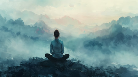 Woman meditating in lotus position on a mountain peak with serene misty landscape backdrop, suitable for wellness and mindfulness themes with copy spaceの素材