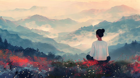 Tranquil wellness concept   Woman practicing meditation on a mountain landscape at dusk, with ample space for text on the right, serene nature, relaxation or mindfulness themeの素材