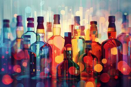 Vibrant alcohol bottles with colorful bokeh, suitable for festive celebration concepts, with copy space for textの素材