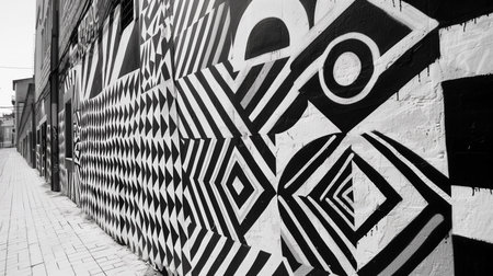 Monochrome urban street art mural with abstract geometric patterns on a building wall, suitable background for adding text, with a sidewalk perspectiveの素材