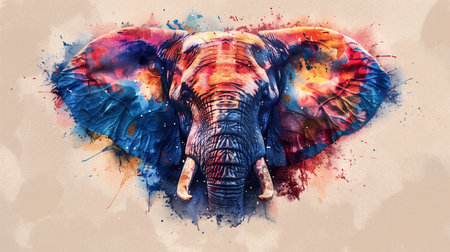Colorful watercolor painting of an elephant on a textured background with space for text, ideal for wildlife themed artistic projects and environmental awareness campaignsの素材