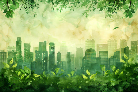 Abstract eco friendly city concept with green foliage and watercolor skyline, suitable for environmental themes and background with space for textの素材
