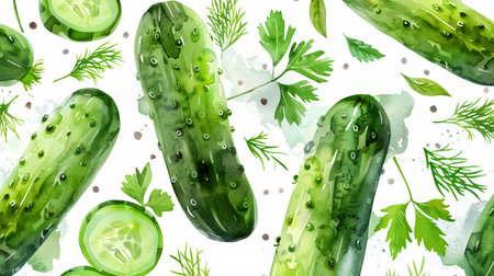 Fresh cucumber and herbs watercolor pattern with a space for text, perfect for culinary themed designs or healthy eating conceptsの素材