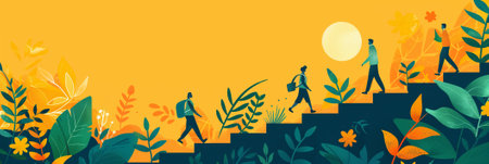 Illustrative digital banner with diverse people walking among stylized flora under a bright sun, ideal for Earth Day concepts with ample space for text on a vivid yellow backgroundの素材