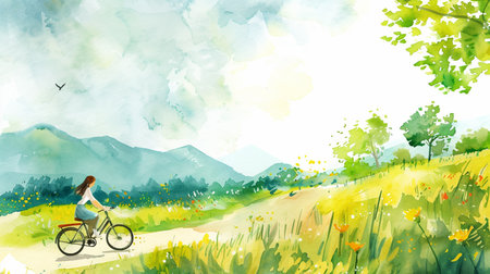 Serene watercolor landscape with a person cycling through a sunny, flower filled meadow, with mountains in the background, ideal for spring or environmentally themed designs with copyspaceの素材