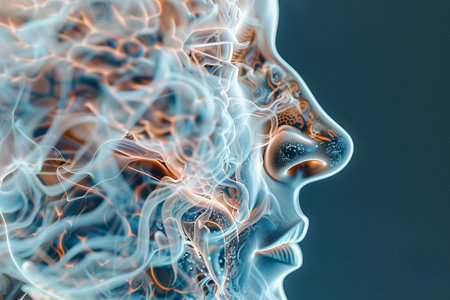 Abstract digital art background featuring fluid shapes and smoky patterns in blue and orange, ideal for technology or science concepts with copyspace for textの素材