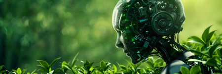 Conceptual image of an advanced humanoid robot head with intricate details in a lush green foliage background, representing the blend of technology and nature, with ample space for text on the leftの素材