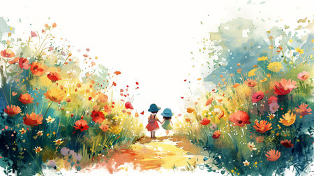 Watercolor illustration of two children walking hand in hand through a vibrant flower field with ample copy space, ideal for spring or Mothers Day themesの素材