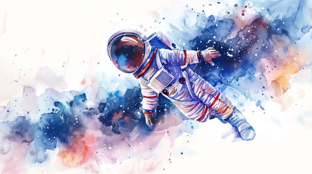 Colorful watercolor illustration of an astronaut in space with a cosmic background, suitable for science themes and World Space Week, with ample space for textの素材