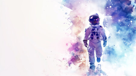 Vivid watercolor illustration of an astronaut in space with a cosmic background, ideal for science fiction themes and space exploration concepts, with ample space for text on the rightの素材