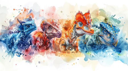 Vibrant watercolor illustration of a dynamic dinosaur group with splashes of colors, ideal for backgrounds, childrens books, or educational content related to prehistoric life and natural historyの素材