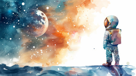 Astronaut in space suit observing a distant planet, with watercolor galaxy background ideal for wall art or educational purposesの素材
