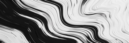 Abstract black and white marbled pattern background with swirls and waves, ideal for creative design templates or modern art conceptsの素材