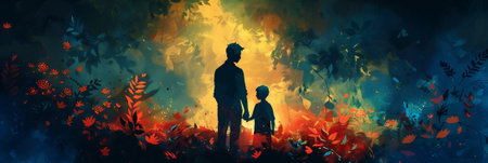 Silhouetted figures of an adult and child against a vibrant, colorful abstract forest background, ideal for concepts of family, nature, and tranquility, with space for textの素材