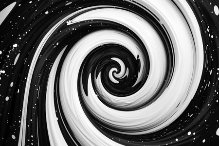 Abstract black and white swirl background with dynamic spiral motion effect, ideal for modern designs, visual art concepts, or creative backdrop with copy spaceの素材