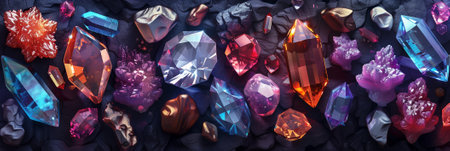 Array of colorful assorted gemstones and crystals on a dark textured background with space for text, suitable for jewelry and luxury concept backgroundsの素材